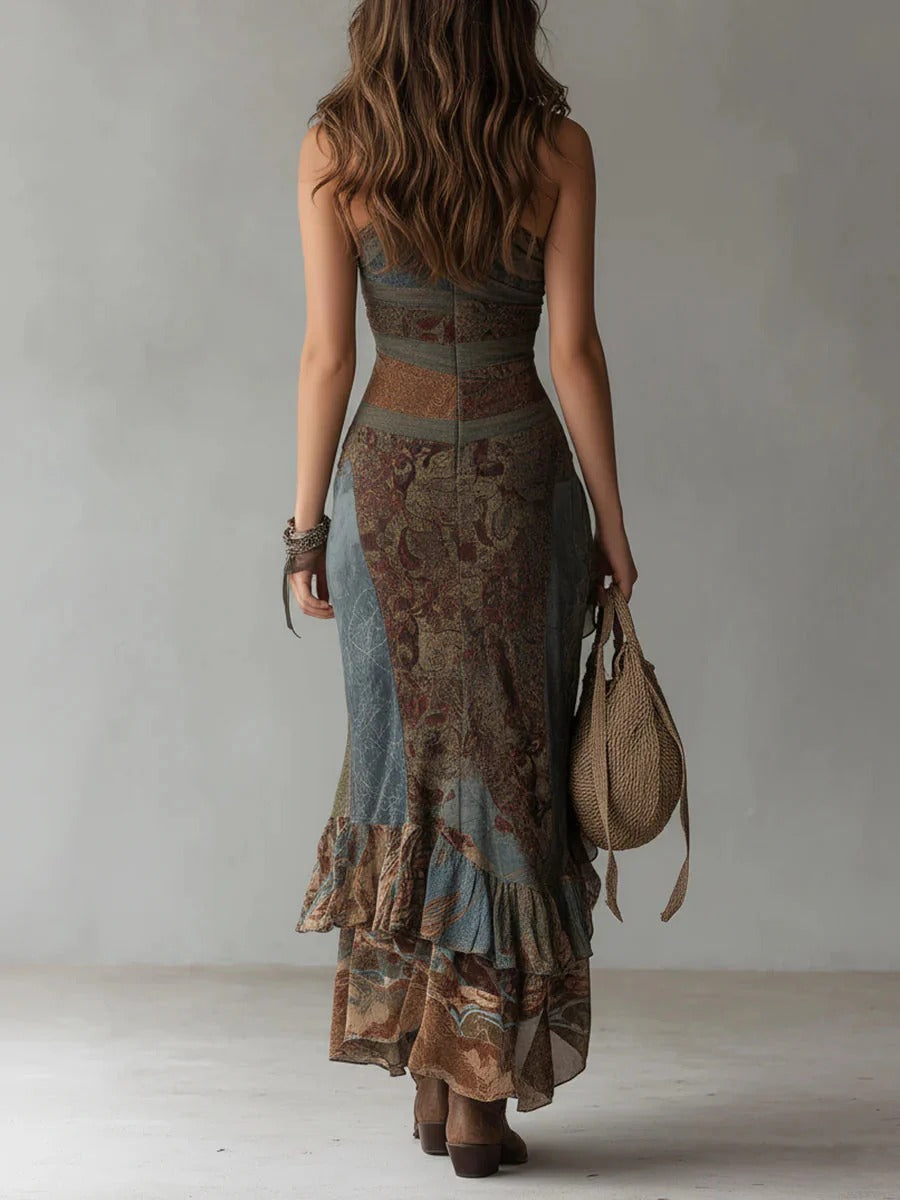 María™ | Robe Longue Asymétrique à Imprimé Ethnique avec Fente Latérale
